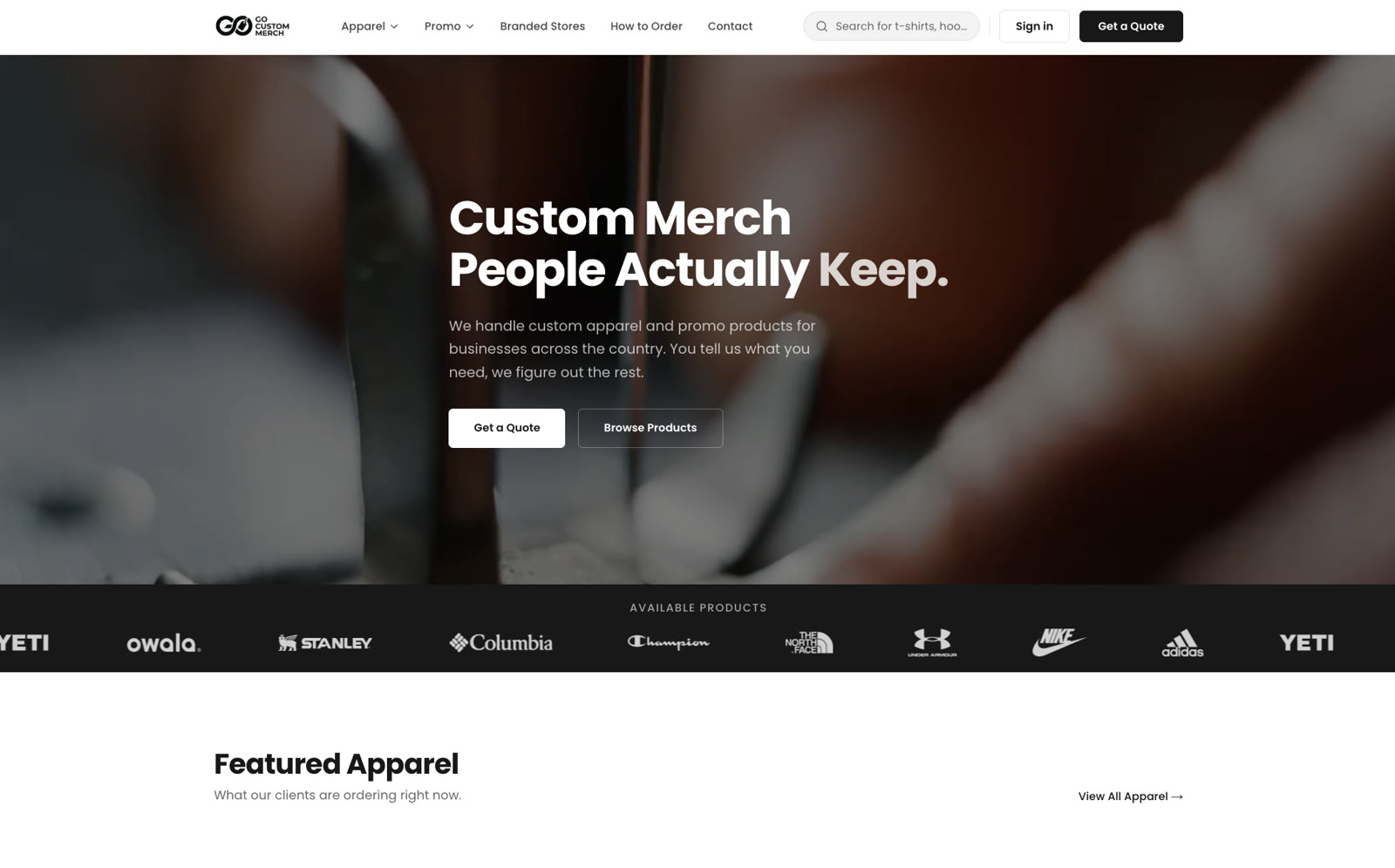 Screenshot of the Go Custom Merch website